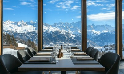 Mountain view restaurant table set ready to eat.