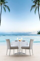A serene beach dining setup with a table for two, surrounded by palm trees and a stunning ocean view under a clear sky.