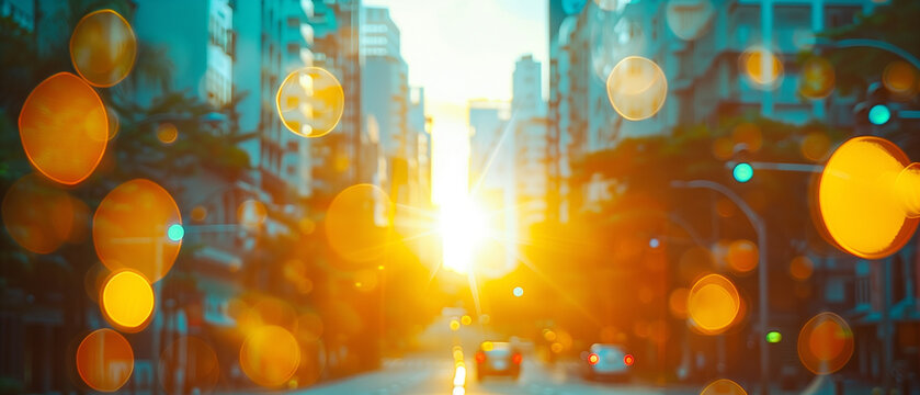 An abstract, blurred city street scene at sunset. The strong sunlight creates dramatic flares on the camera lens, adding a dreamy, cinematic effect. The warm tones enhance the urban atmosphere.