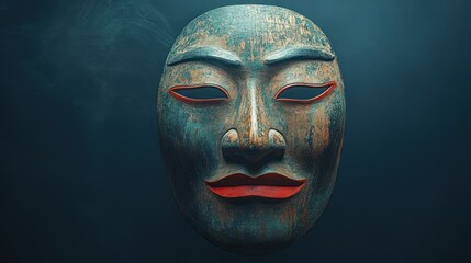 A traditional Japanese Noh mask floating against a dark gradient background