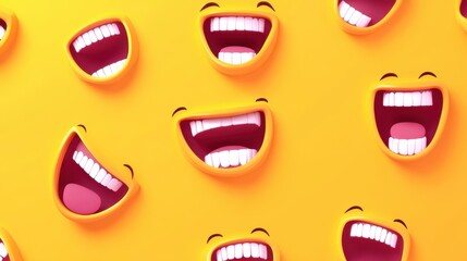 A vibrant, yellow background filled with repeating patterns of open mouths, each featuring bright red lipstick and white teeth, conveys a playful and slightly unsettling feeling
