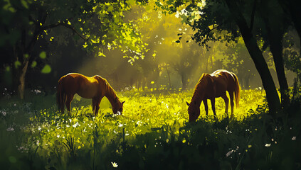 Naklejka premium Two horses calmly graze in a sunlit meadow, surrounded by lush green vegetation with sunlight filtering through the leaves.