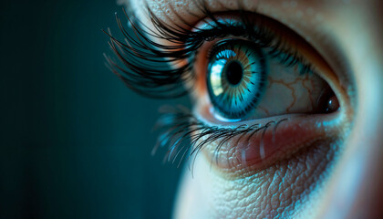 Close-up of a human eye with detailed iris and eyelashes, vivid colors, portrait photography, copy space