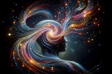 Obraz premium Mindscape of Light: Swirling Ribbons and Glowing Orbs in a Cosmic Void