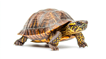 Obraz premium Close-up of an Oriental box turtle walking on its hind legs, isolated on a white background