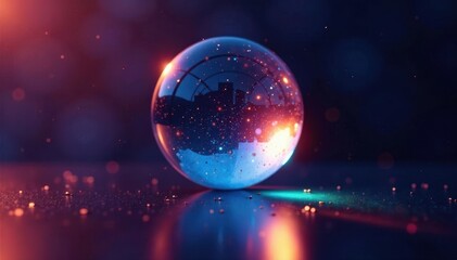 Holographic sphere with rainbow reflection on a dark surface, colorful hologram, glowing sphere