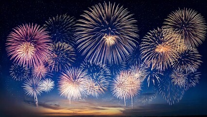 青い夜空に輝く綺麗で美しい打ち上げ花火のイメージ 背景素材 AI生成素材