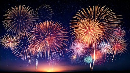 青い夜空に輝く綺麗で美しい打ち上げ花火のイメージ 背景素材 AI生成素材