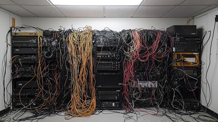 A tangled mess of audio equipment and cables fills a room