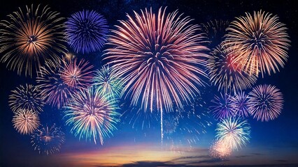 Fototapeta premium 青い夜空に輝く綺麗で美しい打ち上げ花火のイメージ 背景素材 AI生成素材