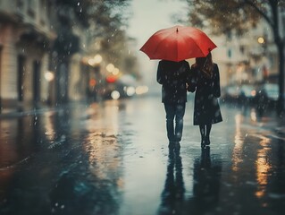 Romantic couple walking hand in hand in a gentle rain beneath a shared colorful umbrella outdoors