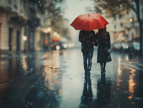 Romantic couple walking hand in hand in a gentle rain beneath a shared colorful umbrella outdoors
