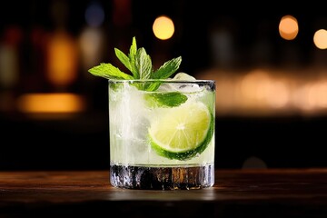 Refreshing Mojito Cocktail with Lime and Mint on Rustic Bar Counter at Night