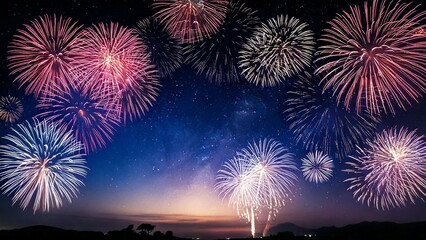 青い夜空に輝く綺麗で美しい打ち上げ花火のイメージ 背景素材 AI生成素材