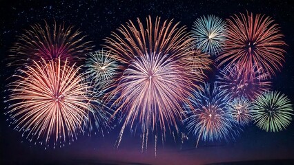Fototapeta premium 青い夜空に輝く綺麗で美しい打ち上げ花火のイメージ 背景素材 AI生成素材