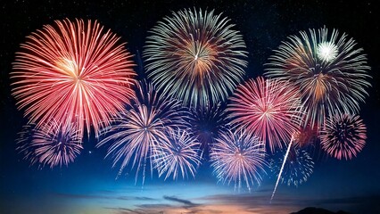 青い夜空に輝く綺麗で美しい打ち上げ花火のイメージ 背景素材 AI生成素材