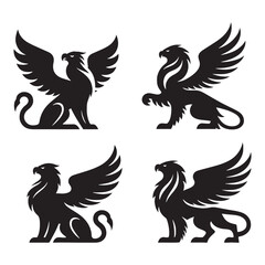 Griffin silhouette preparing for a powerful flight - Griffin illustration - Minimalist Griffin vector - Mythical creature silhouette
