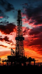 Fototapeta premium Silhouette of an oil rig against a vibrant sunset a realistic depiction of technology and nature