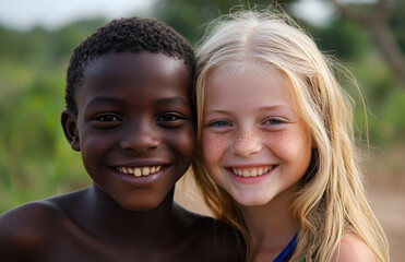 Photo of an African American boy and a blonde girl smiling at the camera in Africa. The boy has dark skin tone and the girl has blonde hair.