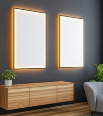 Two blank canvases with warm light accents hang above a light wood media console against a dark gray wall, showcasing a minimalist interior design