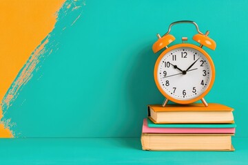 Vintage Orange Alarm Clock on Books against Vibrant Blue Background