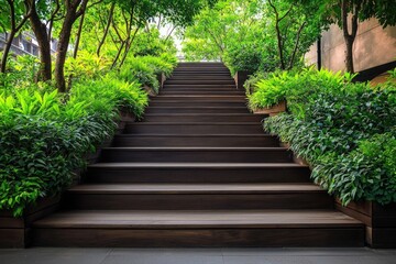 Japandi staircase with deep wooden steps and natural greenery accents