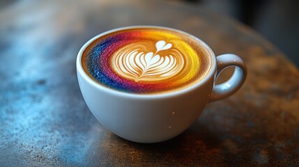 Close-up of a rainbow latte art design in a sleek white cup
