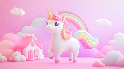 Cartoon unicorn with rainbow mane jumping on a pink background with clouds and a rainbow vector illustration design, colorful, pastel colors, cute style, detailed, 3D render