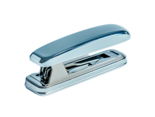 The image shows a reflective chrome stapler against a transparent background, highlighting its modern, sleek design.