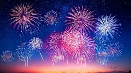 青い夜空に輝く綺麗で美しい打ち上げ花火のイメージ 背景素材 AI生成素材
