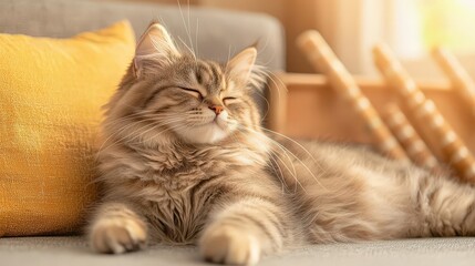 Relaxed Maine Coon cat resting on couch