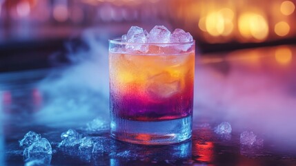 Close-up of sparkling rainbow cocktail with dry ice fog effect