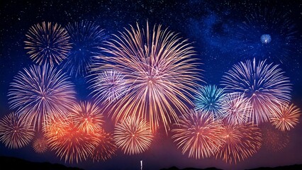 青い夜空に輝く綺麗で美しい打ち上げ花火のイメージ 背景素材 AI生成素材