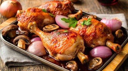 Coq au Vin from France, with chicken cooked in red wine, mushrooms, onions, and herbs, resulting in a tender, flavorful French dish