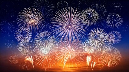 Fototapeta premium 青い夜空に輝く綺麗で美しい打ち上げ花火のイメージ 背景素材 AI生成素材