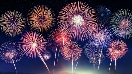 Fototapeta premium 青い夜空に輝く綺麗で美しい打ち上げ花火のイメージ 背景素材 AI生成素材