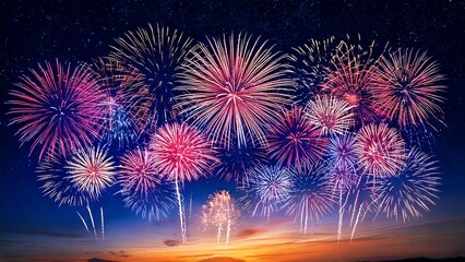 青い夜空に輝く綺麗で美しい打ち上げ花火のイメージ 背景素材 AI生成素材