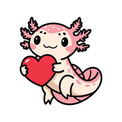 Kawaii Axolotl Holding Heart - Cute Vector Illustration