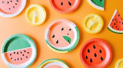 Summer fruit party plates, orange background, flatlay,  blog post
