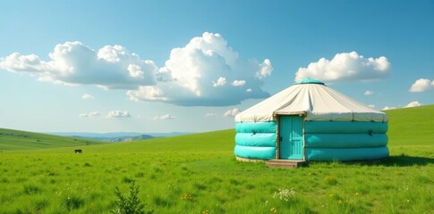 Turquoise yurt in a vast green meadow with fluffy white clouds in the background, sky, solitary dwelling, landscape photography