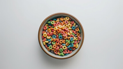 Colorful cereal bowl filled with a variety of vibrant, sweet cereal loops ready for breakfast.