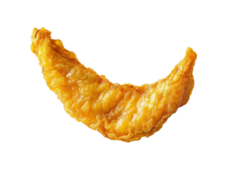 A close-up image shows a single, crispy, golden-brown fried chicken wing on a transparent background.