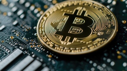 Close-up of Bitcoin on a circuit board
