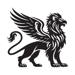 Griffin silhouette watching over the sacred mountains - Griffin illustration - Minimalist Griffin vector - Mythical creature silhouette
