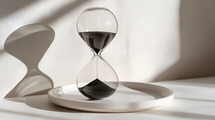 Hourglass: Measuring time passing with black sand in a clear glass on a white backdrop with soft shadows.