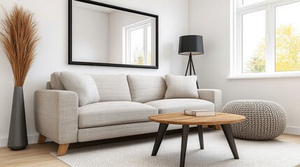Modern living room interior design with a gray patterned sofa, wooden coffee table, floor lamp, and decorative vase. Natural light streams through a