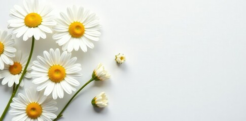 Fototapeta premium A delicate arrangement of white and yellow daisies on a clean white background, white, daisy