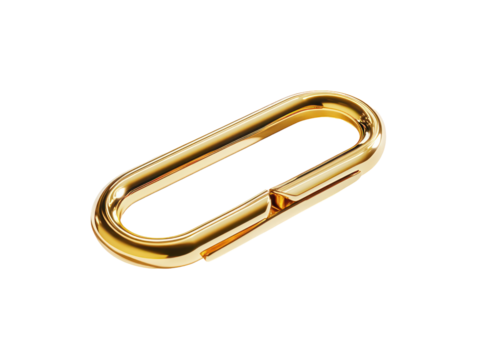 The image features a close-up of a golden, elliptical carabiner clip against a transparent background.