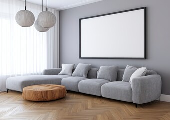 Modern living room interior design with gray sectional sofa, large blank frame, and wooden coffee table. Natural light streams through sheer