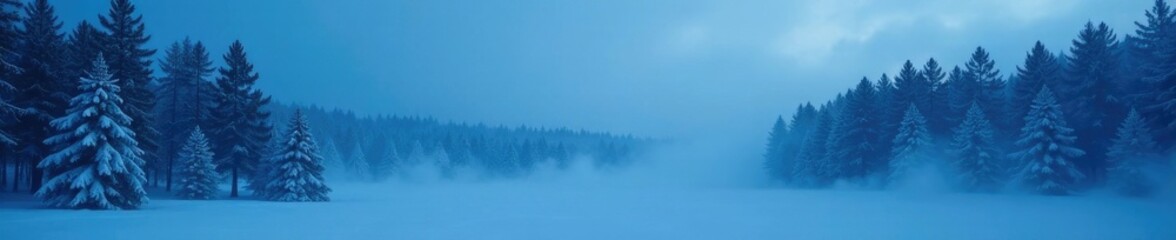 Fototapeta premium A dense fog surrounds tall pine trees on a cold winter night, trees, winter, landscape